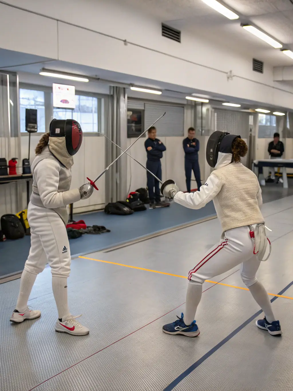 An action shot of an intermediate fencing class at CIEOC, featuring fencers in full gear practicing bouting techniques with electric foils, highlighting skill development and competitive training.