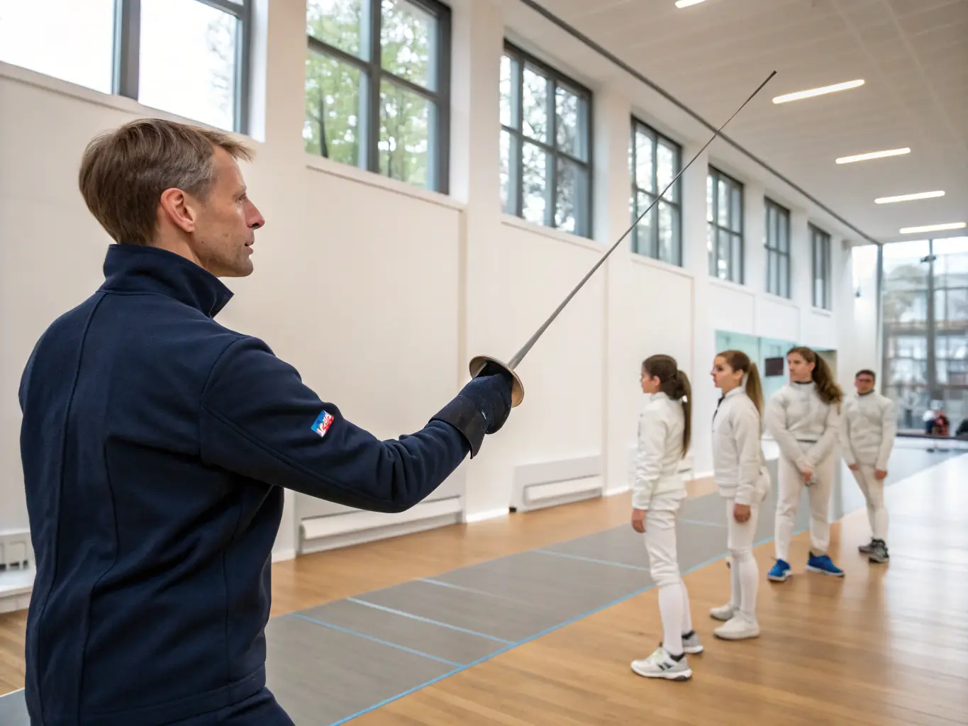 A dynamic shot of a fencing instructor demonstrating a technique to a group of attentive students in a modern fencing hall.