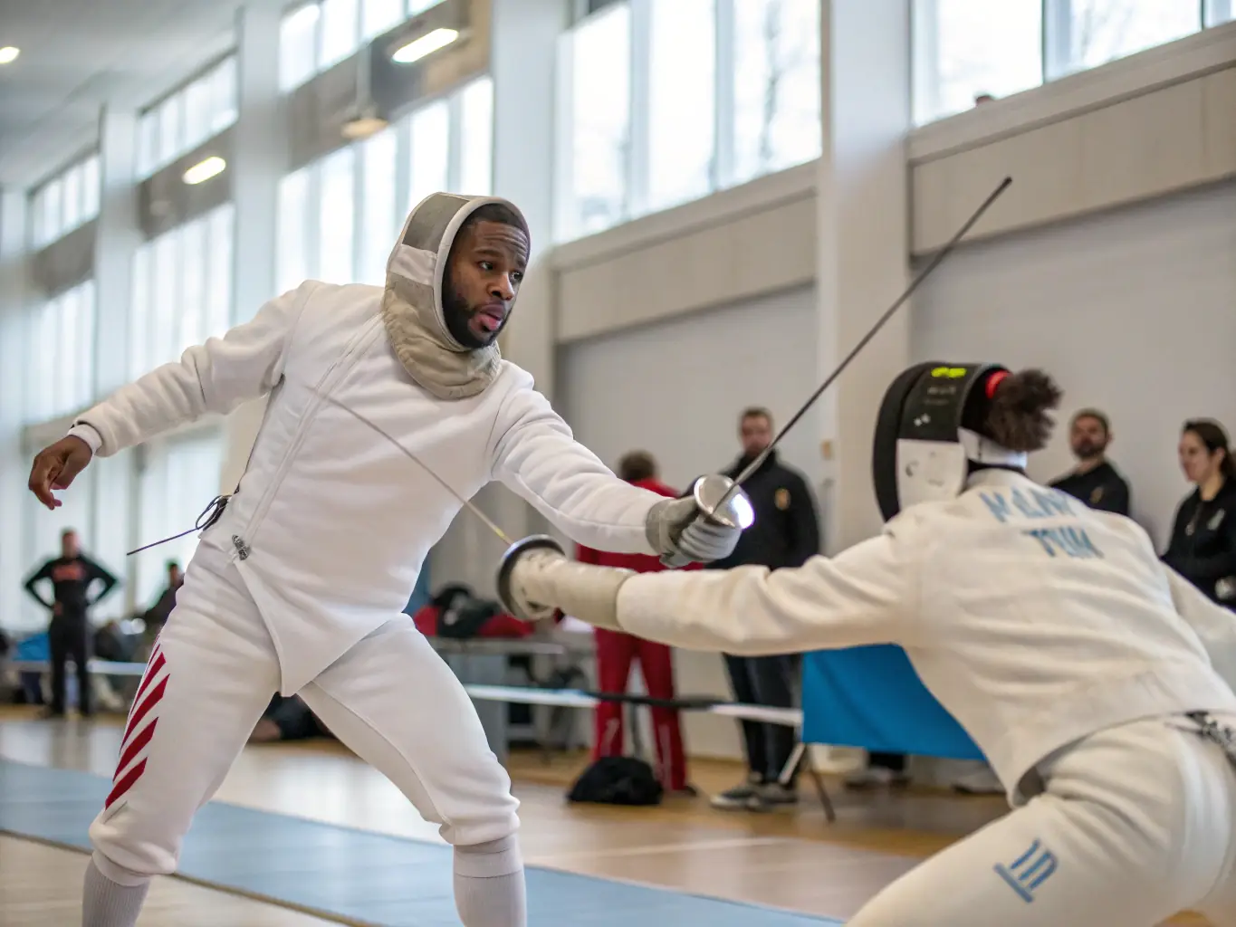 A fencer in full gear, confidently competing in a fencing match, demonstrating the opportunities for personal growth and skill development at CIEOC.