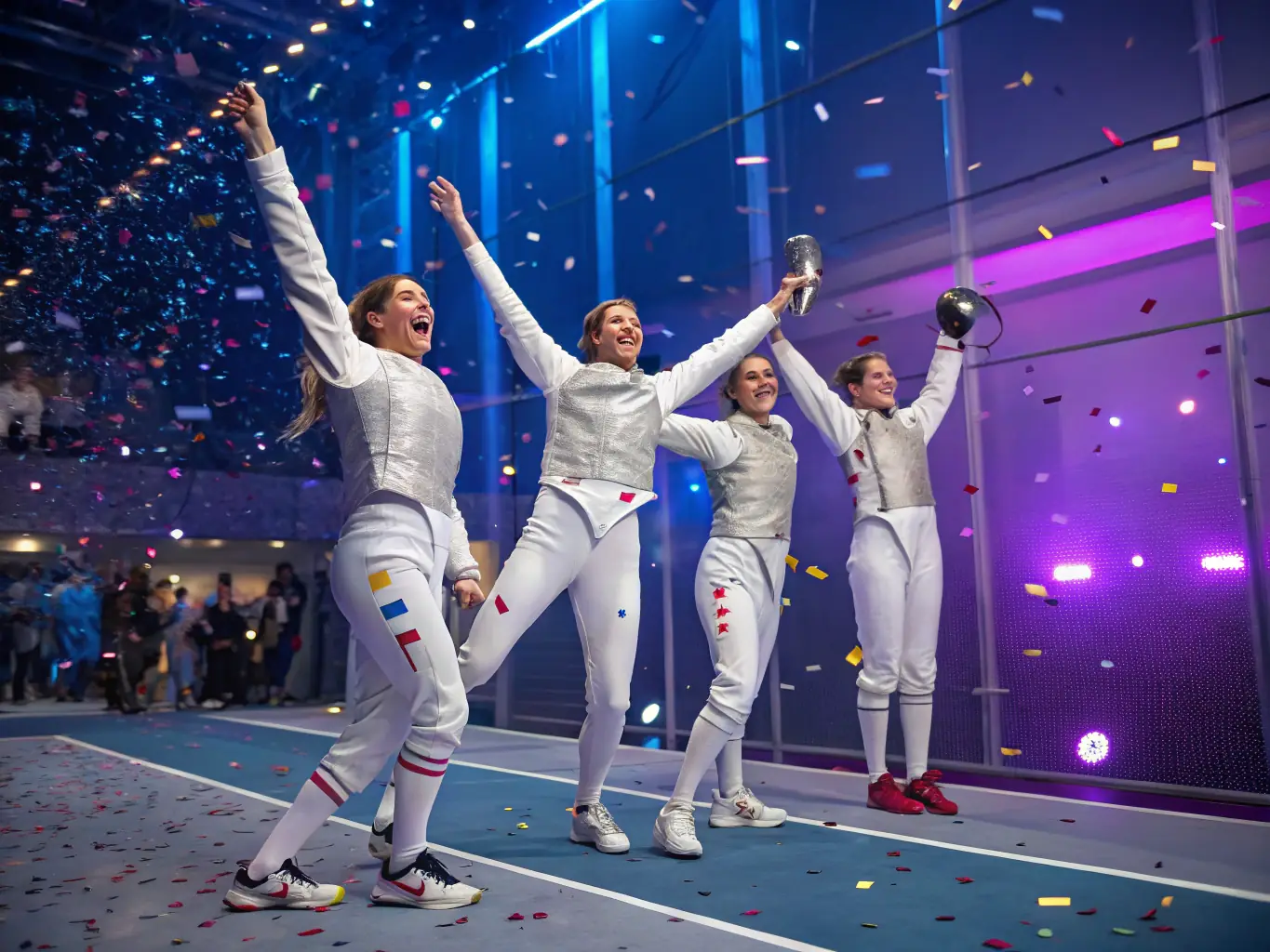 A group of CIEOC members celebrating a victory at a local fencing competition, showcasing the club's supportive and team-oriented atmosphere.
