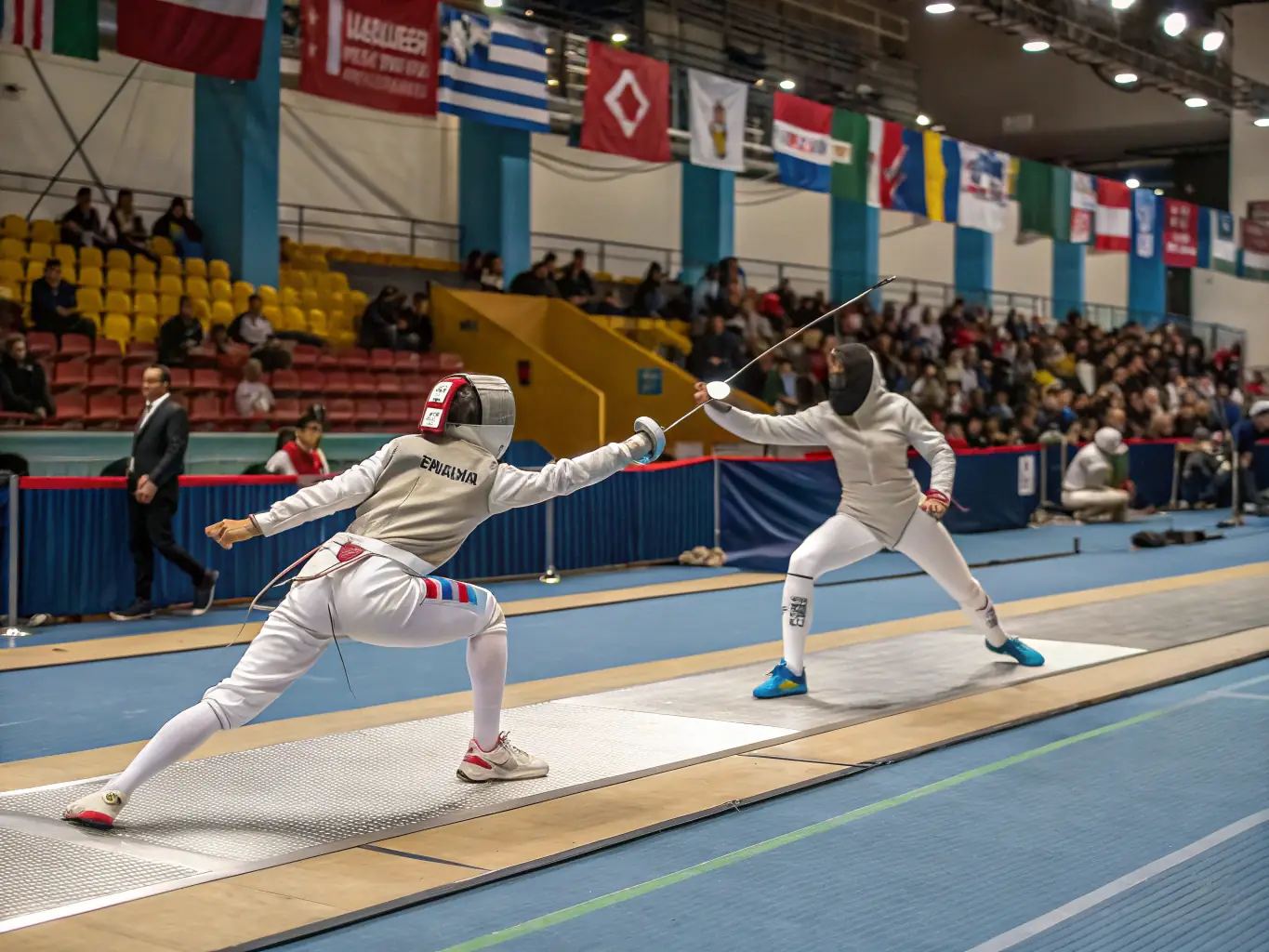 A vibrant image of fencers engaged in a friendly bout during a recreational fencing session, showcasing the fun and social aspect of the sport.
