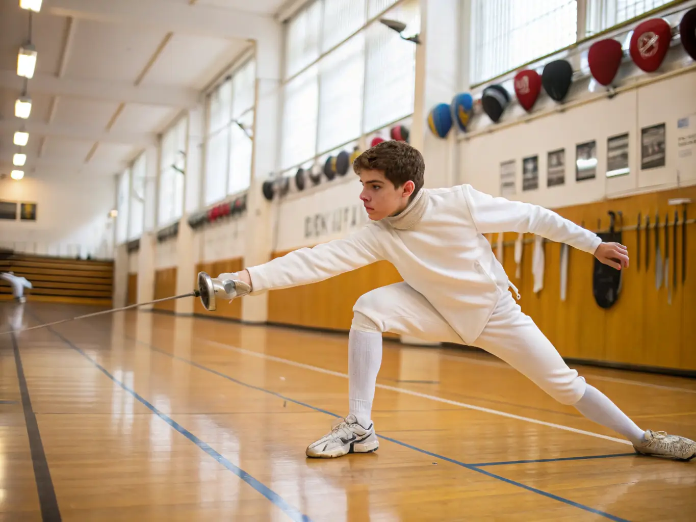 A focused image of a young fencer participating in an educational workshop, learning about the history and strategy of fencing.