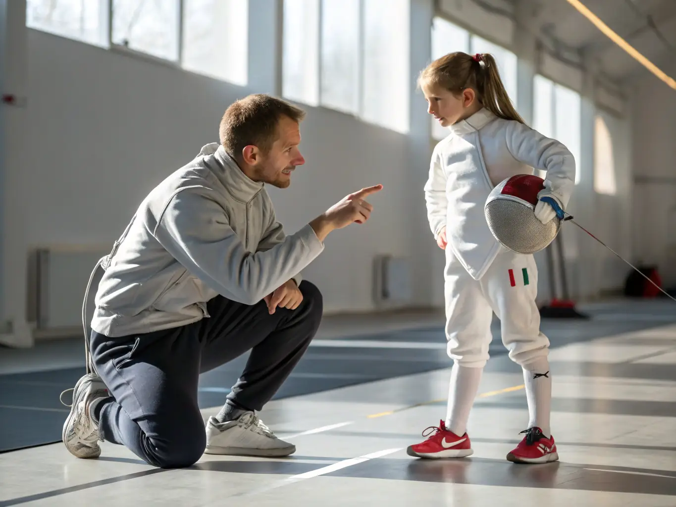 A close-up shot of a fencing coach providing personalized instruction to a young fencer, focusing on proper technique and form.