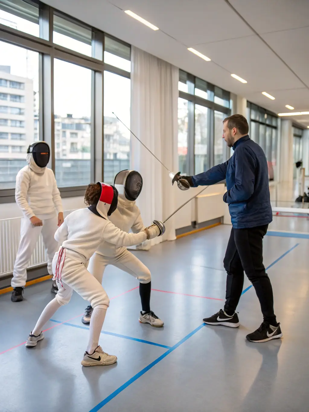 A group photo of participants enjoying a recreational fencing session at CIEOC, showing adults and teens laughing and engaging in friendly bouts, emphasizing the social and enjoyable aspects of fencing.