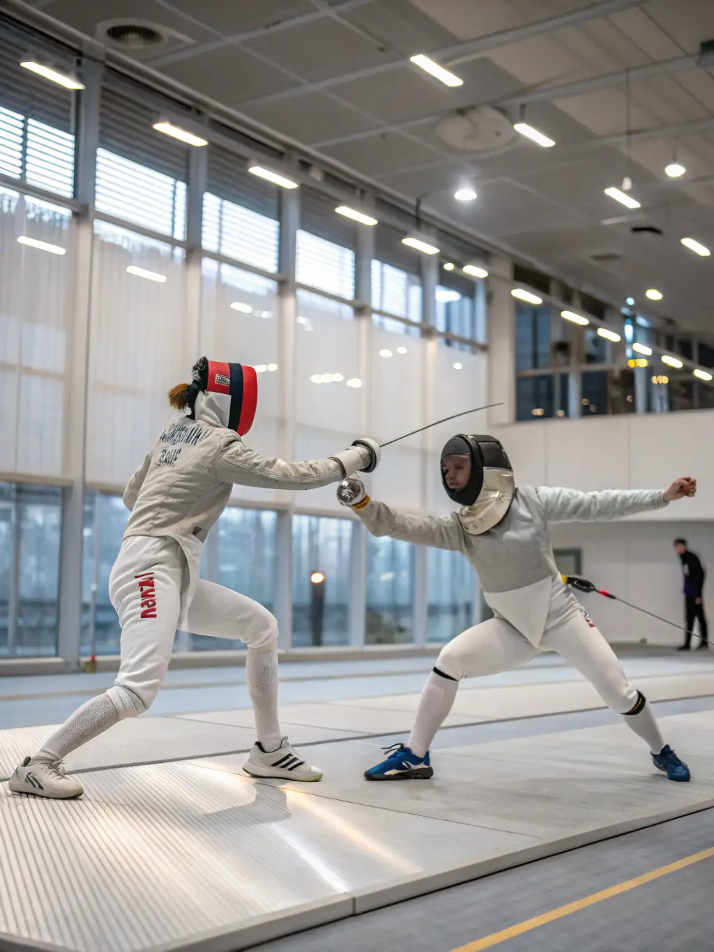 A dynamic image of advanced fencers at CIEOC engaged in a competitive bout, showcasing their speed, precision, and strategic thinking during a high-level training session.