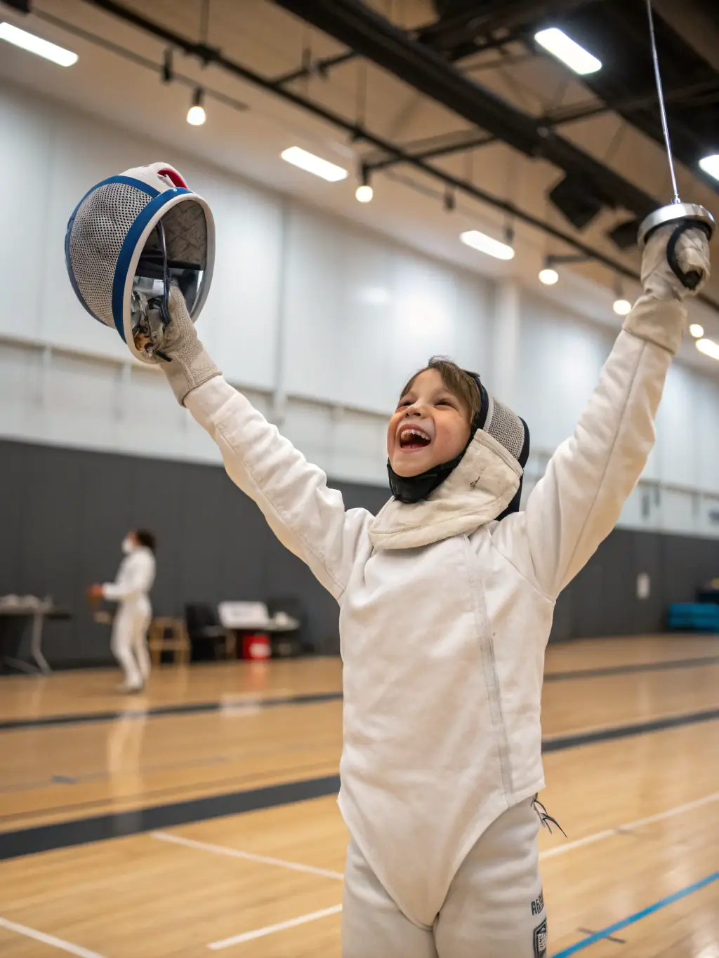A high-quality photo of a beginner fencing class at CIEOC, showing young students learning basic stances and movements with foam swords, emphasizing a fun and safe introduction to fencing.